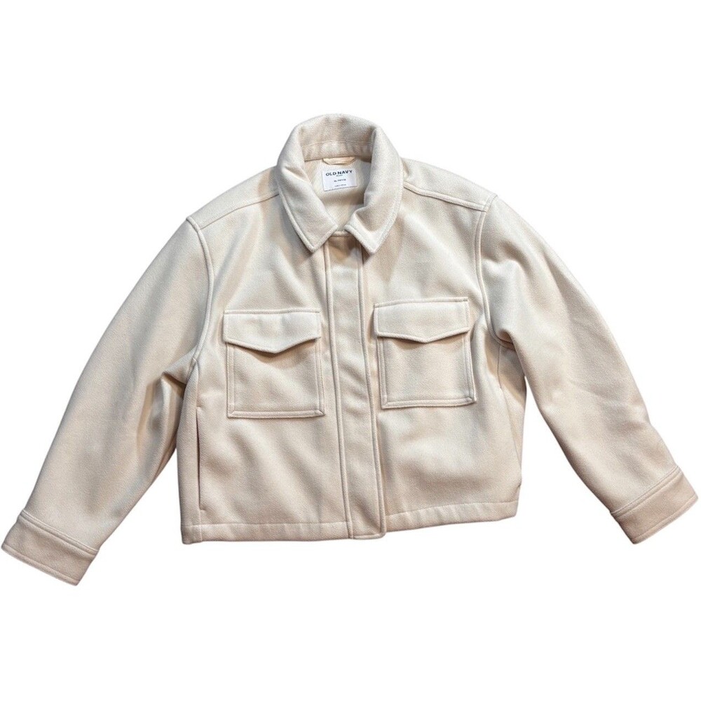 Old Navy Cropped Shacket Cream Ivory Utility Jacket XL Petite Zip Up